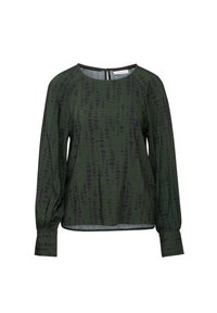 Blusa verde con un patrón texturizado en verde oscuro y negro, que presenta mangas largas y abullonadas y un cuello redondo con cierre en la parte posterior.