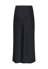Jupe midi noire en tissu lisse avec une coupe droite, présentant un léger éclat et une taille élastique pour plus de confort.