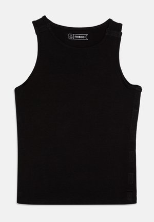 Fekete izompóló, puha anyagból, kerek nyakkivágással és oldalsó patentos részletekkel az állítható illeszkedés érdekében. Egyszerű dizájn tiszta vonalakkal.