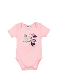 Lichtroze katoenen rompertje met korte mouwen, voorzien van een grafisch ontwerp van een personage met een strik en tekst die zegt "Ik lach naar de planeet."