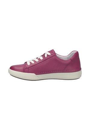 Lav top magenta lædersneaker med hvide snørebånd og off-white gummisål, vist i sideprofil på hvid baggrund.