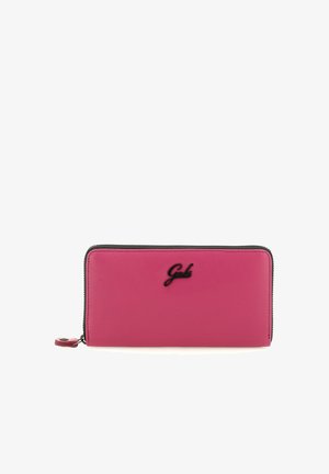 Portafoglio rettangolare rosa con zip intorno, logo nero "Gabs" centrato sul davanti e tiretto della zip rosa abbinato.