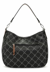 Borsa a tracolla nera in materiale sintetico con motivo a diamante, dotata di tasca con zip frontale, accessori in argento e una singola tracolla.