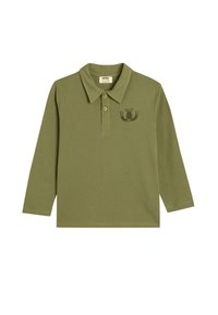 Olijfgroene langemouwen polo, gemaakt van katoen, met een kraag, drie knopen en een zwarte hoefijzergrafiek op de borst.