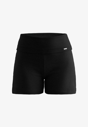 Črne bombažne kratke hlače z širokim rebrastim pasom. Imajo gladko teksturo in majhen kovinski logotip na sprednji strani.