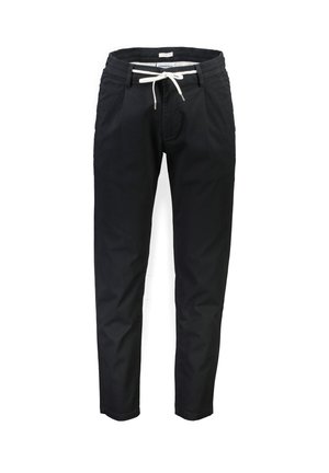 Pantaloni neri in cotone misto, con vita elastica, chiusura con cordoncino e gamba affusolata. Texture liscia senza motivi visibili.