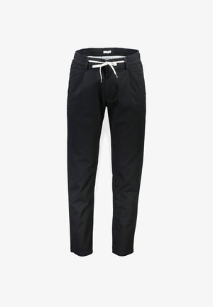 Zwarte broeken van een katoenmengsel, met een elastische tailleband, trekkoordsluiting en taps toelopende benen. Gladde textuur zonder zichtbare patronen.