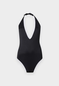 Μαύρο ολόσωμο μαγιό με λαιμόκοψη halter σε βαθύ V και άσπρη επένδυση στα άκρα, σε απλό φόντο.