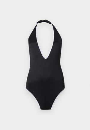 Μαύρο ολόσωμο μαγιό με λαιμόκοψη halter σε βαθύ V και άσπρη επένδυση στα άκρα, σε απλό φόντο.