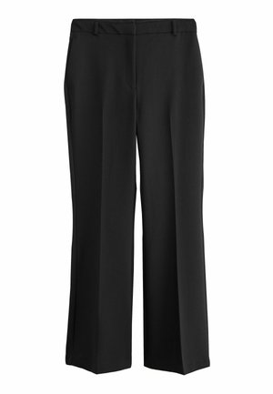 Schwarze gerade geschnittene formelle Hose mit Gürtelschlaufen, Frontreißverschluss und Seitentaschen, vor weißem Hintergrund dargestellt.