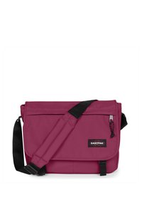 Maroon messenger bag with a flap closure, adjustable black strap, carrying handle, and branded logo on the front. Made of durable fabric.