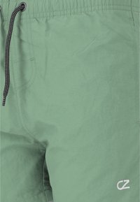 Ljusgröna badshorts gjorda av ett slätt tyg, med en svart dragsko, sidofickor med sömnad och en broderad vit logotyp.