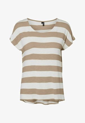 Haut en maille à rayures horizontales beige et blanche à manches courtes, col rond et ourlet légèrement arrondi.