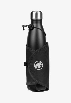 Insulated black stainless steel bottle in a black fabric sleeve, featuring a metal cap, adjustable drawstring, and logo of an elephant.
