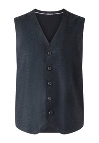 Gilet senza maniche blu navy con scollatura a V e cinque bottoni di chiusura. Realizzato in tessuto testurizzato, presenta un orlo a scollatura e bordi a coste.