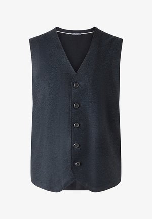 Granatowa bezrękawnik z dekoltem w kształcie litery V i pięcioma guzikami. Wykonany z teksturowanej tkaniny, z falbanowym dołem i prążkowanym wykończeniem.