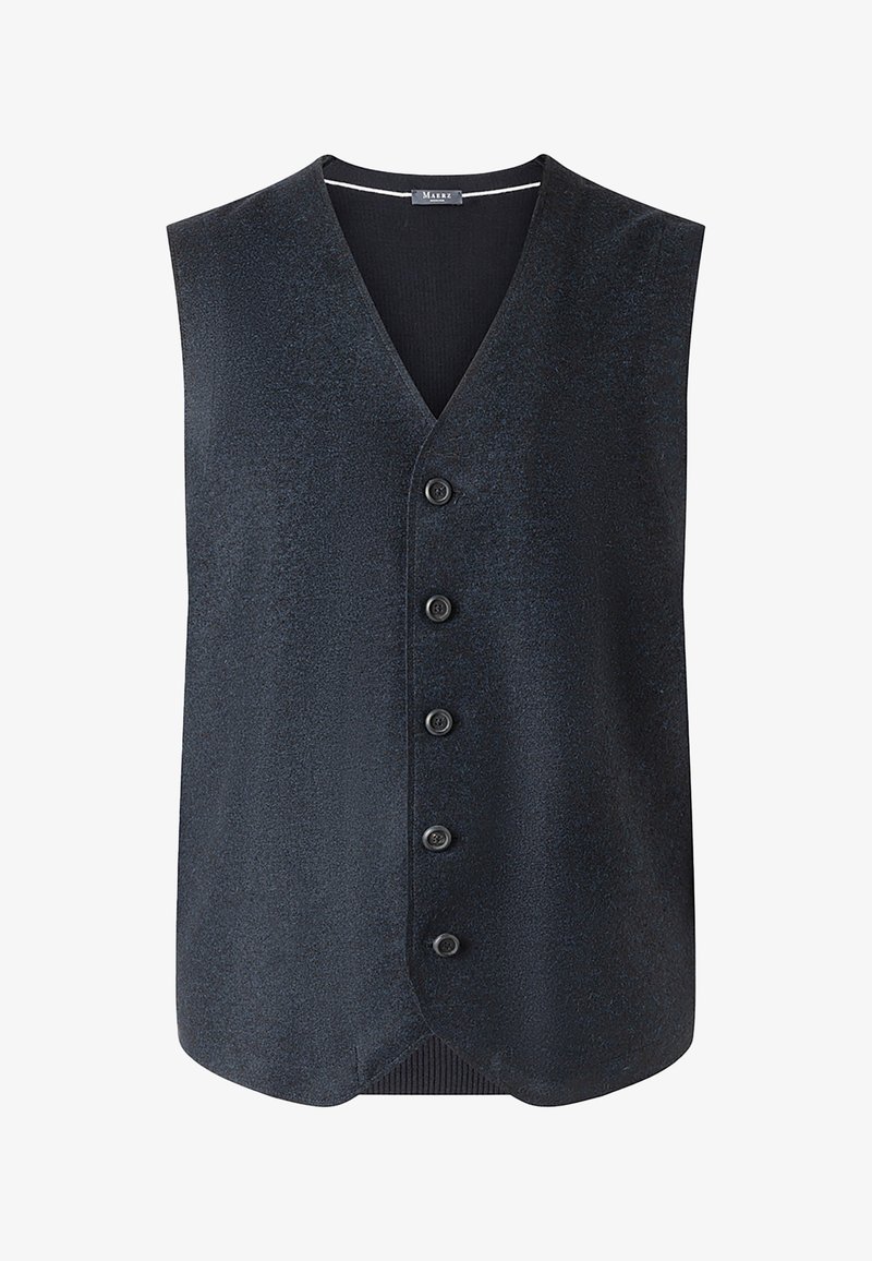 Námořnická modrá bezrukávová vesta s výstřihem do V a pěti knoflíkovými zapínáními. Vyrobena z texturované látky, s vykrojeným lemem a žebrovaným detailem.