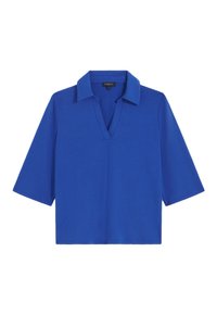 Kortärmad blå topp med krage och v-ringning. Tillverkad av ett mjukt tyg, med avslappnad passform och minimalistisk design.