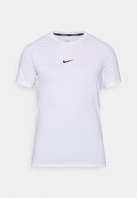 Weißes Nike Pro T-Shirt mit kurzen Ärmeln für den Sport. Glattes, elastisches Material. Mit schwarzem Swoosh-Logo auf der Brust. Runde Halslinie mit schwarzen Akzenten.