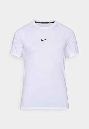 White Nike Pro short-sleeve athletic shirt. Smooth, stretchy fabric. Features black swoosh logo at chest. Round neckline with black accents.