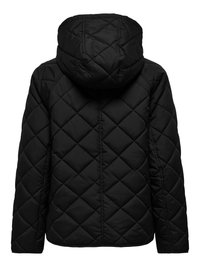 Black quilted jacket with a hood, featuring a diamond pattern and long sleeves. Smooth fabric texture with a straight cut at the hem.