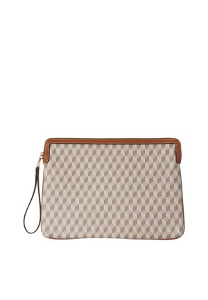 Pochette poignet rectangulaire avec motif géométrique beige, bordure en cuir marron et bracelet en cuir noir fixé à une fermeture éclair dorée.