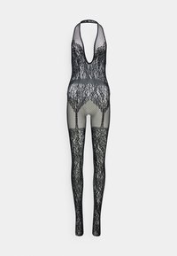 Svart spissbody med dyp utringning, fisknetta ben og intrikate blomsterdesign. Har halterneck-design og gjennomsiktig tekstur.