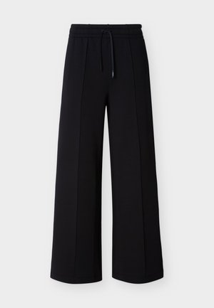 Pantaloni neri a gamba larga realizzati in tessuto morbido, con vita elastica dotata di coulisse e cuciture laterali per una vestibilità comoda.