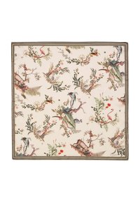 Square decorative fabric featuring a light cream background with detailed botanical and animal illustrations in vibrant colors. Edged with a thin border.