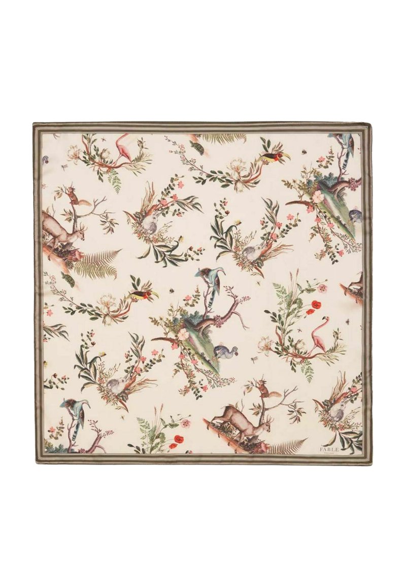 Square decorative fabric featuring a light cream background with detailed botanical and animal illustrations in vibrant colors. Edged with a thin border.