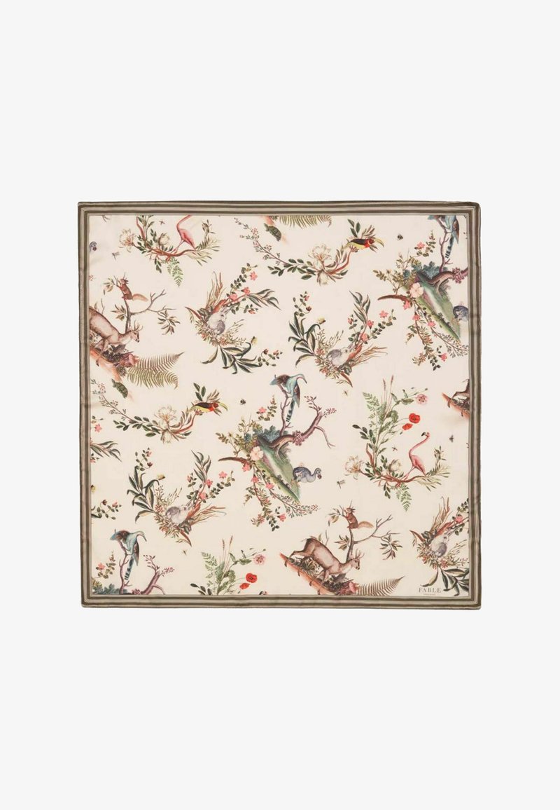 Square decorative fabric featuring a light cream background with detailed botanical and animal illustrations in vibrant colors. Edged with a thin border.