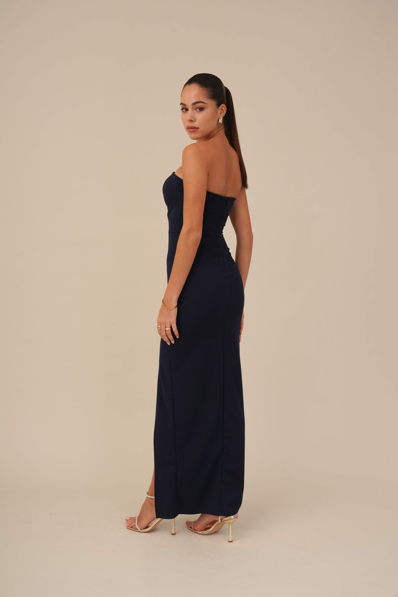 knee length dresses for ladies Jarlo's Zo Strapless Maxi Dress with Pleated Side Skirt Drape in Navy –  Jarlo London