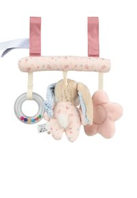 Pink fabric toy with floral patterns, featuring a plush bunny, flower shape, and a clear plastic rattle with colored beads. Adjustable straps.