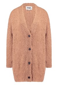 Gestrickter Cardigan aus weichem Pfirsichstoff mit einer strukturierten, flauschigen Oberfläche. Verfügt über einen tiefen V-Ausschnitt, lange Ärmel und fünf dunkle Knöpfe.