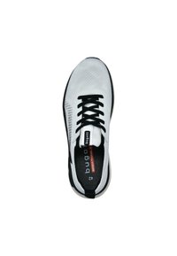 Breathable athletic shoe in white mesh with black accents, featuring a cushioned sole, black laces, and a label with "bugatti" and size 42.