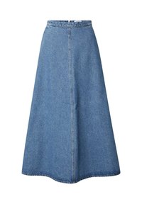 Blauwe denim midi rok met een hoge taille, een uitlopende silhouet en een verborgen rits op de achterkant. Gladde textuur en schone naden.