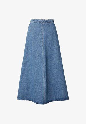 Blauwe denim midi rok met een hoge taille, een uitlopende silhouet en een verborgen rits op de achterkant. Gladde textuur en schone naden.
