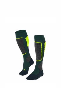 Grüne und schwarze knielange Socken mit strukturierten Mustern, gelben Akzenten und verstärkten Bereichen für Haltbarkeit und Komfort.