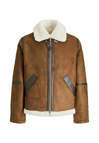 Smešani smeđi shearling kaput s bijelim umjetnim krznom na ovratniku, s prednjim zatvaračem, kožnim detaljima i dva kuta bočna džepa. Mekana tekstura.