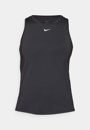 Schwarzes sportliches Tanktop aus dehnbarem, glattem Material. Es hat einen runden Halsausschnitt und ein kleines weißes Nike-Logo auf der Brust.