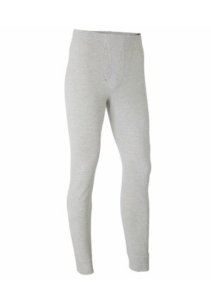 Pantalones largos de ropa interior para hombre en gris claro con una cinturilla ajustada y apertura frontal, mostrados sobre un fondo blanco.
