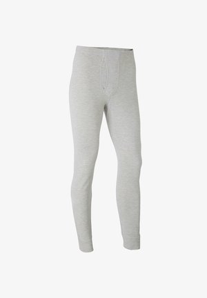 Pantaloni lunghi da uomo color grigio chiaro con una cintura aderente e apertura con patta sul davanti, mostrati su sfondo bianco.