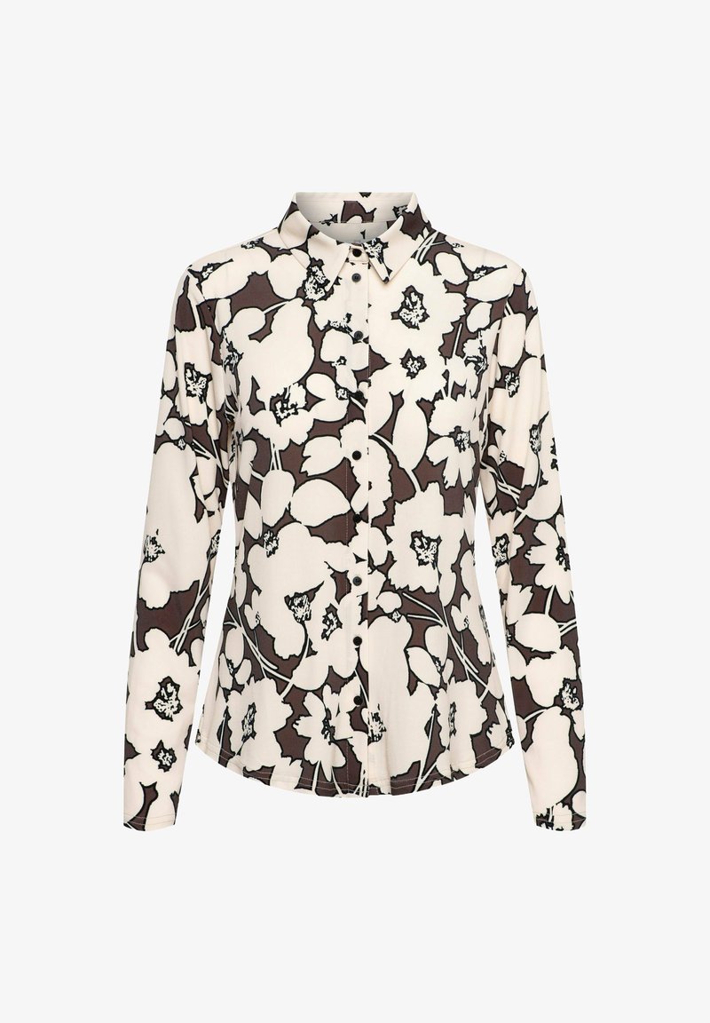Lange mouwen knoop overhemd in lichtroom met een zwart en bruin bloemenpatroon. Bevat een klassieke kraag en knoopsluiting aan de voorkant.