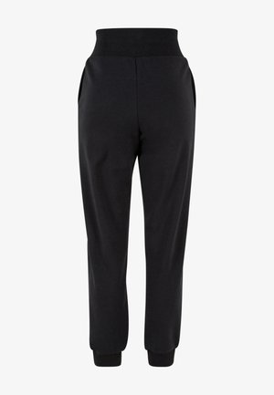 Juodos sportinės kelnės, su gumine juosta, dviem šoninėm kišenėm ir siaurėjančiais rankovėmis ties kulkšnimis, pagamintos iš lygaus, švelnaus audinio.