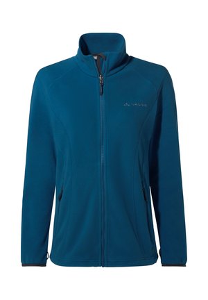 Blue zip-up fleece jacket with high collar, long sleeves, side zip pockets, and VAUDE logo on the chest.
