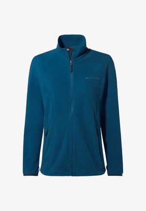 Modrá fleecová bunda na zips s vysokým golierom, dlhými rukávmi, bočnými zipsovými vreckami a logom VAUDE na hrUDI.