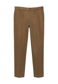 Rjavi bombažni hlače, slim fit, z ravnim sprednjim delom, stranskimi žepki in enojnim gumbom za zapiranje. Gladka tekstura in kroj po meri.