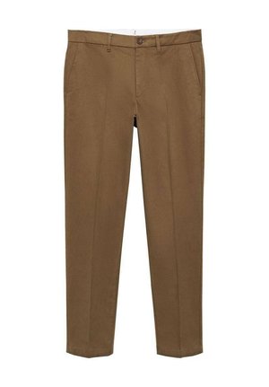 Brown cotton trousers, slim fit, with a flat front, side pockets, and single button closure. Smooth texture and tailored design.