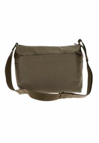 Borsa a tracolla in tessuto marrone con tracolla regolabile, forma rettangolare e tasca frontale con zip.