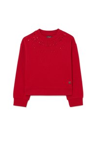 Rode cropped sweatshirt van zachte stof. Heeft een versierd ontwerp met glanzende accenten bij de halslijn en een klein hartlogo op de zoom.